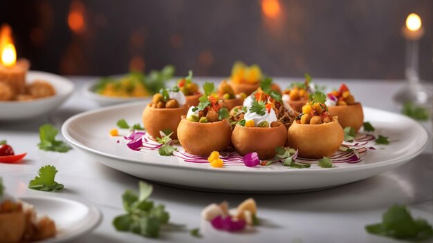 Photo montrez la beauté du chaat indien sur une assiette blanche sur fond de table de restaurant