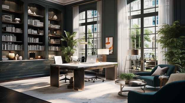 Montrez un bureau inspiré d'élégants hôtels boutique intégrant des meubles en peluche sophistiqués