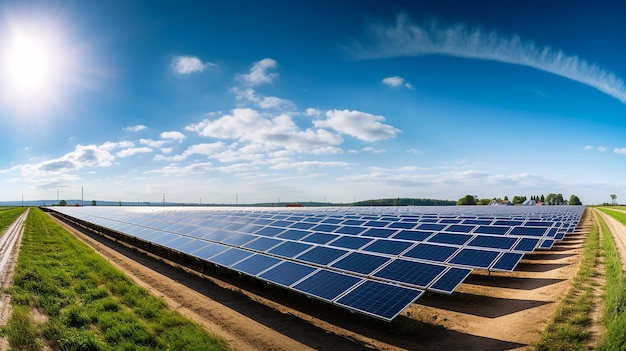 Montrez une ferme de panneaux solaires florissante à Spire sous un soleil éclatant avec des champs verts et un ciel bleu clair