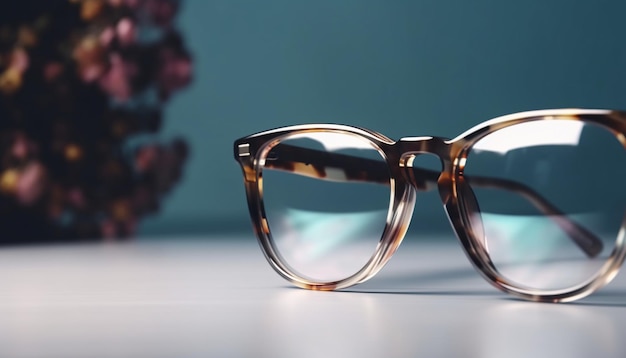 Monture de lunettes imprimé animal léopard ou tigre sur la table sur un arrière-plan flou ai génératif