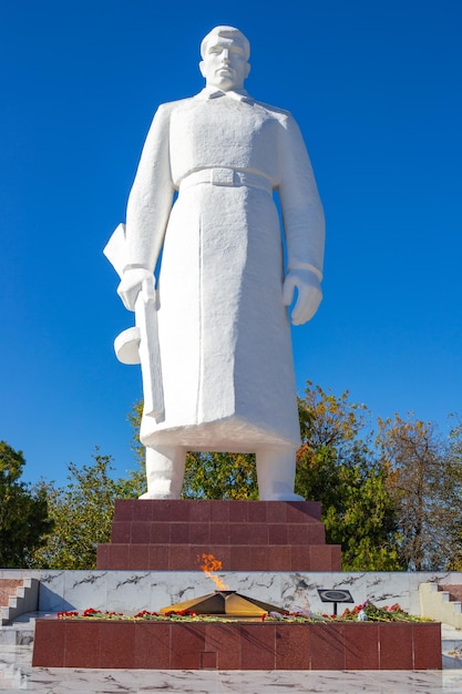 Le monument aux soldats soviétiques est une sculpture en pierre blanche d'un soldat avec un fusil, une colline commémorative des héros avec une flamme éternelle et des fleurs déposées