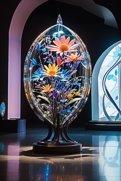 Photo un monument floral extraterrestre en forme de verre est exposé dans un cadre de musée ses détails complexes et