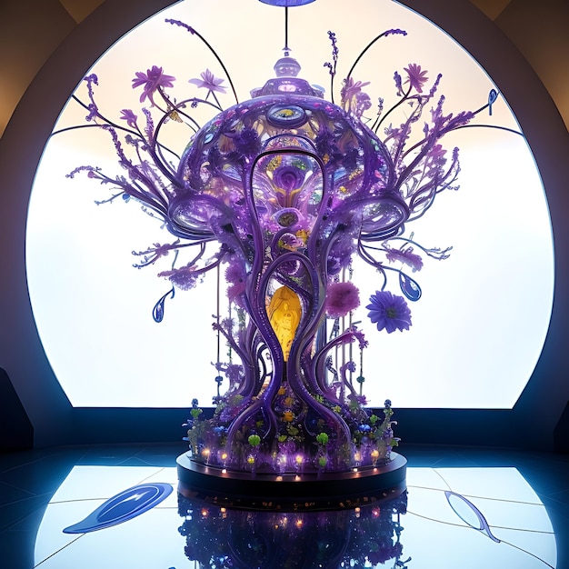 Un monument floral extraterrestre en forme de verre est exposé dans un musée.