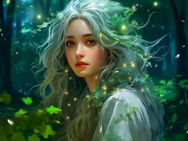 Moody Cartoon girl with Flowers Fantasy and Abstract Background Cute Anime concept Ai Generated