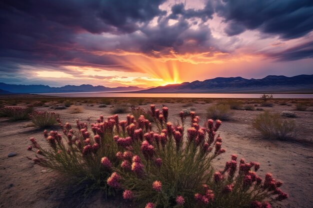 Moody coucher de soleil sur les plantes fleuries du désert créées avec l'IA générative