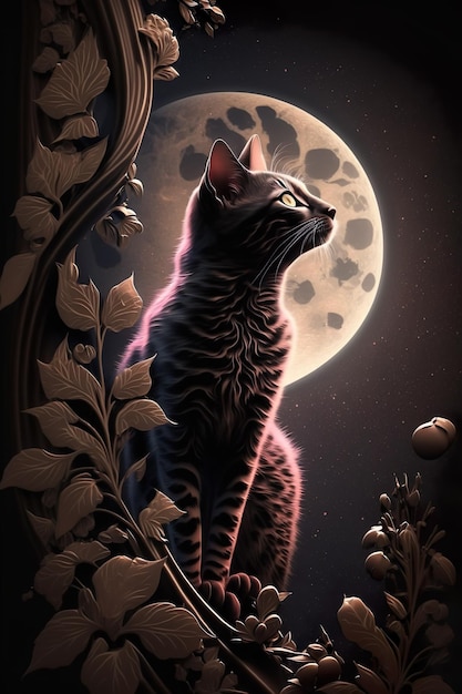 Moon Cat Mystical Cat Meow MagicGenerative AI Illustration