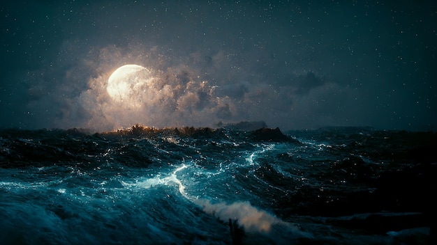 Moonlight Night Stormy Seascape Spectaculaire Art Impressionnant Illustration