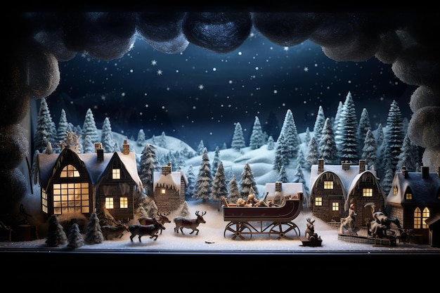 Moonlit Santa's Journey Village enneigé Maisons en bois chaudes et traîneau avec cadeaux