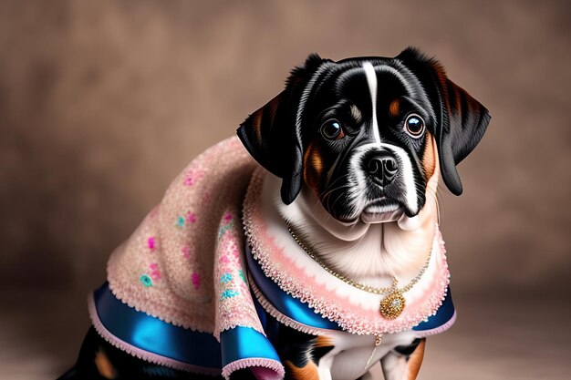 Mops portant une robe royale Portrait d'animal en vêtements Mode chien