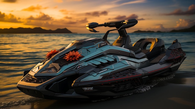 Photo moque de jet ski sur la mer avec une vague au lever du soleil