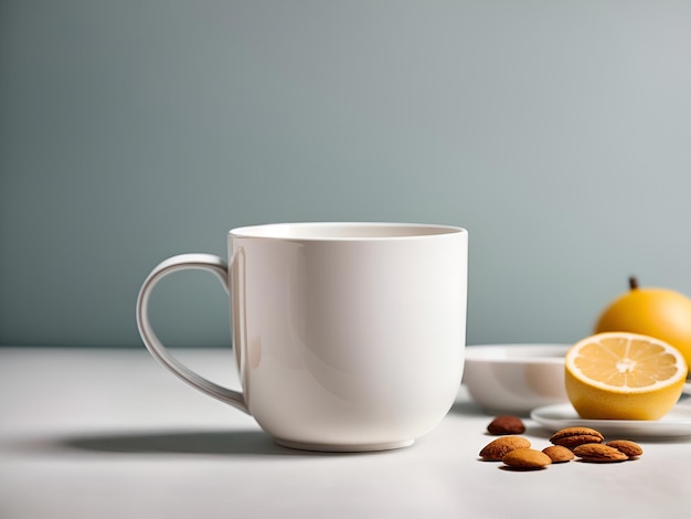 Moquette blanche de tasse avec espace de copie citron et plante d'intérieur à l'arrière-plan Tasse pour le logo de la marque