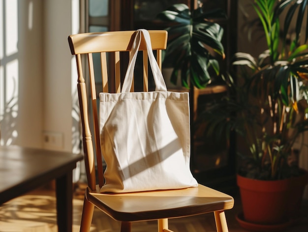 Photo moquette de sac à dos blanc vide sur chaise avec lumière du soleil pour l'affichage du concept de conception respectueux de l'environnement.