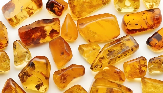 Un morceau d'ambre naturel de la Baltique à fond blanc translucide jaune