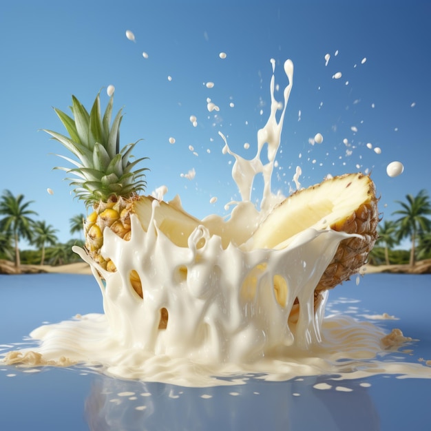 Morceau d'ananas immergé dans du lait de coco avec éclaboussures et vagues