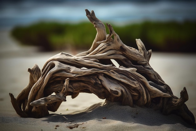 Un morceau de bois flotté se trouve sur une plage avec l'océan en arrière-plan.