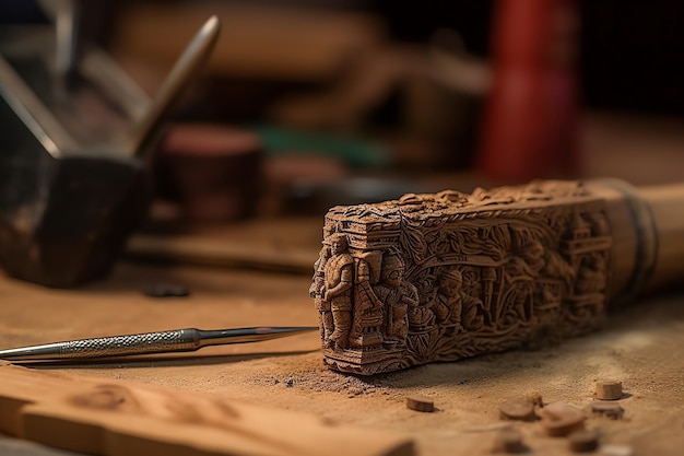 Un morceau de bois avec une sculpture dessus