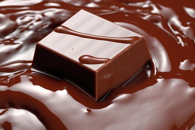 Un morceau de chocolat assis sur une flaque de chocolat image ai générative