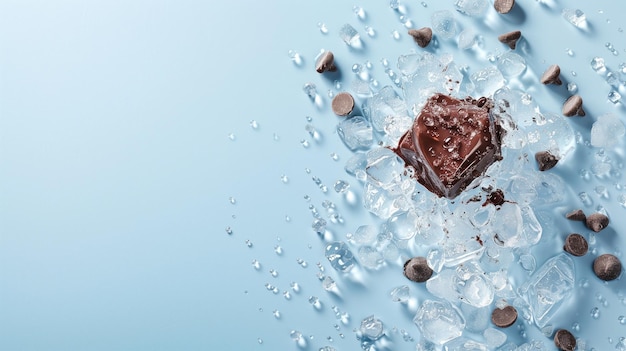 Un morceau de chocolat entouré de cubes de glace et de chips sur un fond bleu