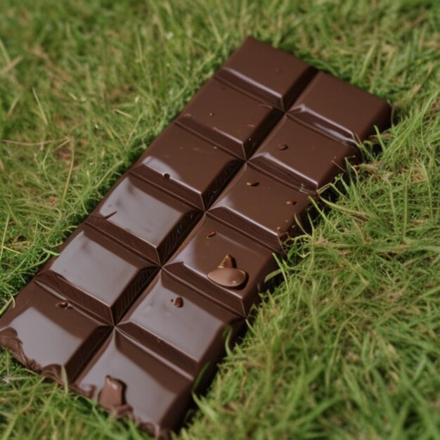 un morceau de chocolat qui est posé sur l'herbe