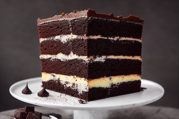 Morceau de délicat gâteau au chocolat fait maison avec une couche de crème blanche