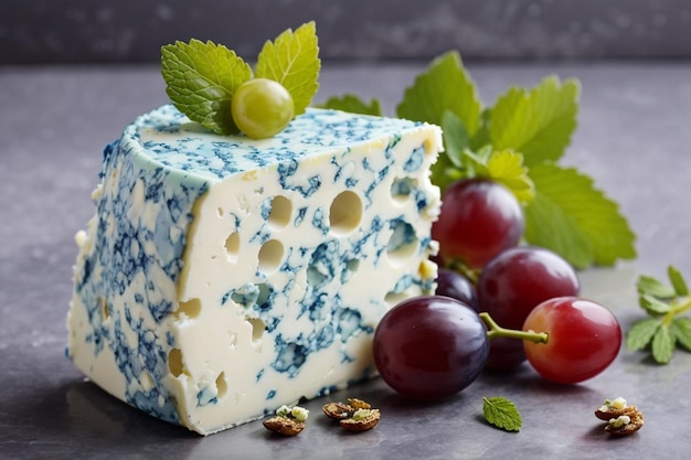 Un morceau de fromage bleu mûr décoré de menthe et de raisins