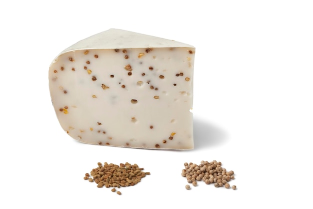 Morceau de fromage de chèvre avec graines de coriandre et de fenugrec isolé sur fond blanc gros plan