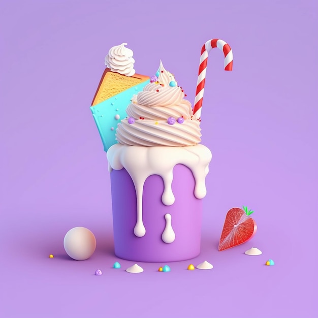 Morceau de gâteau d'anniversaire 3D avec Milkshake Ai génératif