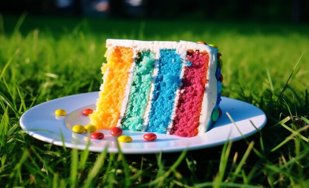 Photo un morceau de gâteau arc-en-ciel est sur une assiette dans l'herbe dans le style de champs de couleurs audacieuses blanc foncé