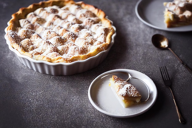 Morceau de gâteau sur une assiette à côté d'un gâteau entier sur la table