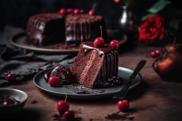 Un morceau de gâteau au chocolat sur une assiette avec des cerises et des fleurs en arrière-plan prêt à être mangé Generative Ai