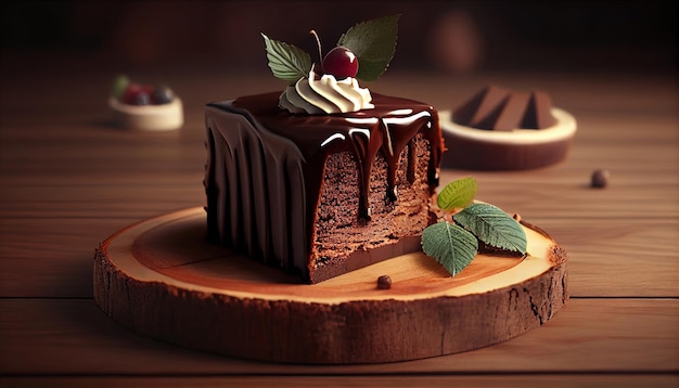 Un morceau de gâteau au chocolat avec une cerise sur le dessus