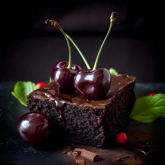 Un morceau de gâteau au chocolat avec des cerises dessus.