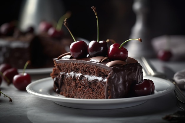 Un morceau de gâteau au chocolat avec des cerises dessus.