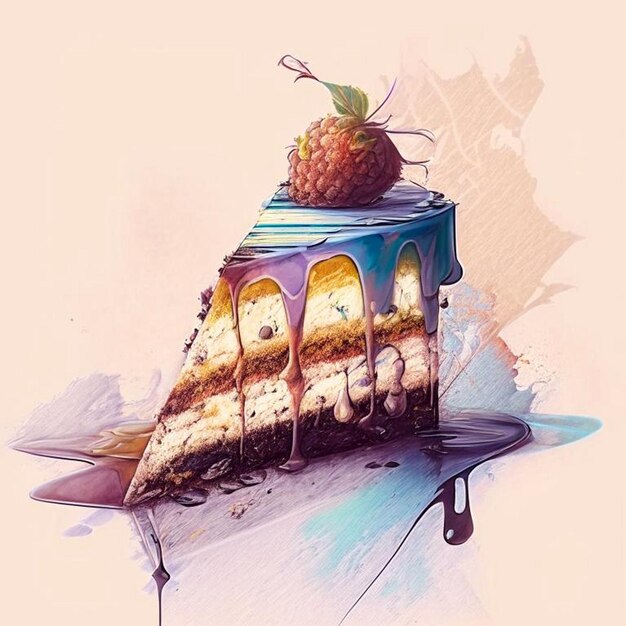 Un morceau de gâteau au chocolat avec de la crème et des baies gâteau d'anniversaire délicieux cuisiner illustration à l'aquarelle gâteau au chocolate tranche de sucre gâteau gourmet tranche de gâteau gâteau sucrée délicieuse gâteau dessert nourriture générée numériquement