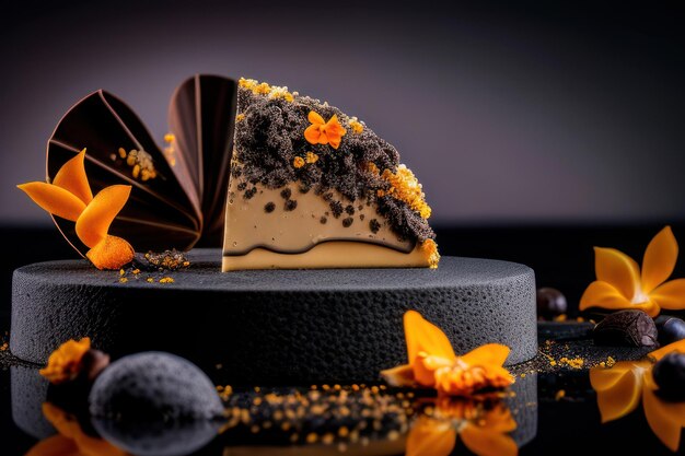 Un morceau de gâteau au chocolat avec des fleurs orange et noires sur fond noir.