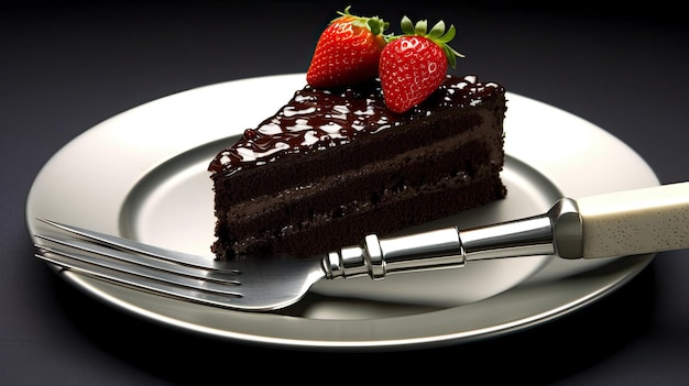 Un morceau de gâteau au chocolat avec des fraises sur le dessus