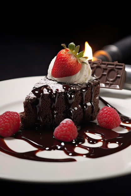 Photo un morceau de gâteau au chocolat avec des fraises et du sirop de chocolat