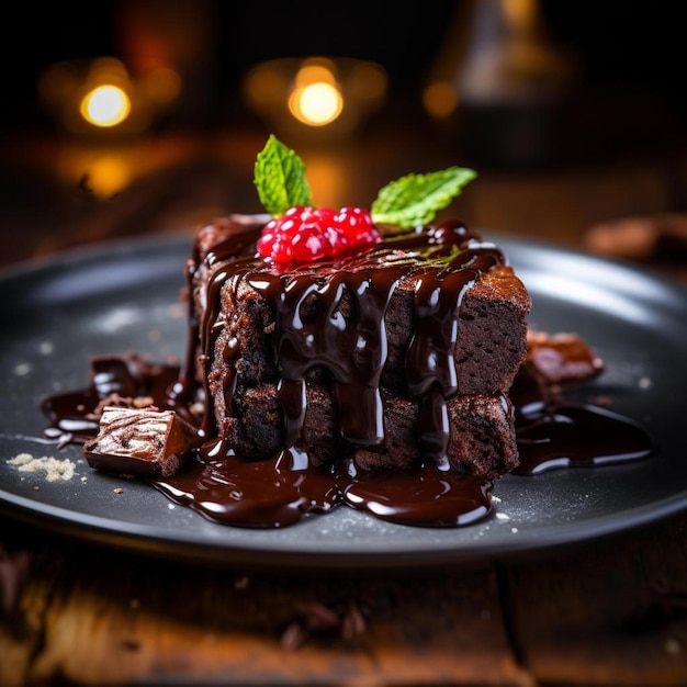 un morceau de gâteau au chocolat avec une framboise dessus