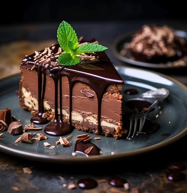 Un morceau de gâteau au chocolat avec un glaçage au chocolat et une feuille de menthe dessus