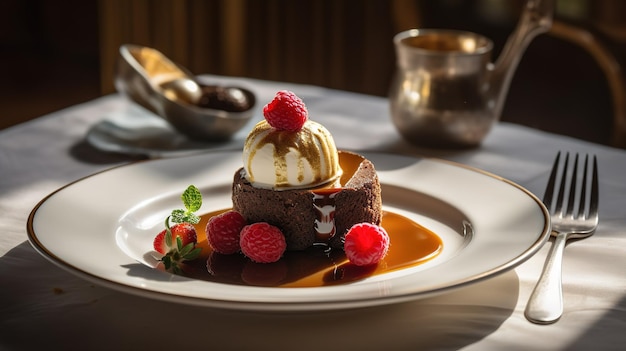 Un morceau de gâteau au chocolat avec de la glace à la vanille et des framboises sur le dessus