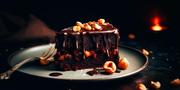 Un morceau de gâteau au chocolat avec une sauce au chocolat et des noix sur le dessus.