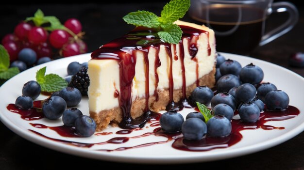 Un morceau de gâteau au fromage sur une assiette avec des bleuets IA générative