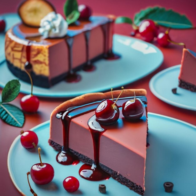 Photo un morceau de gâteau au fromage à la cerise sur une assiette sur une table blanche