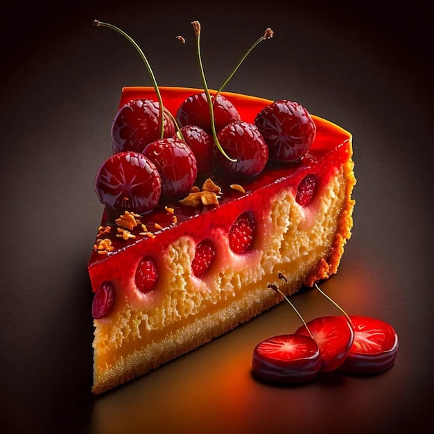 Un morceau de gâteau au fromage avec des cerises sur le dessus.