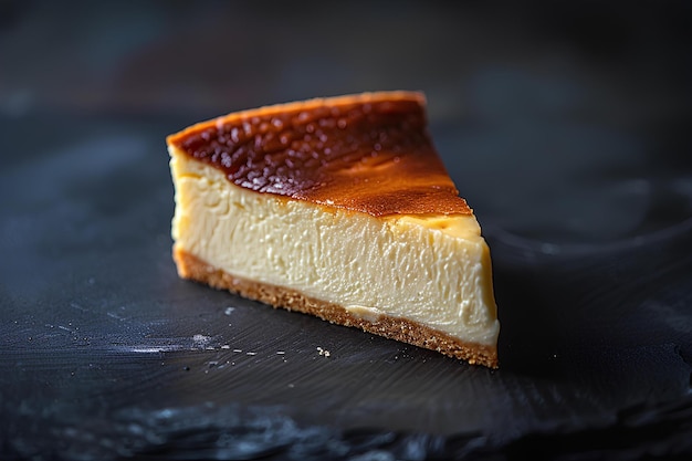 Un morceau de gâteau au fromage avec une croûte brune sur une surface noire avec une cuillère dedans et une bouchée retirée