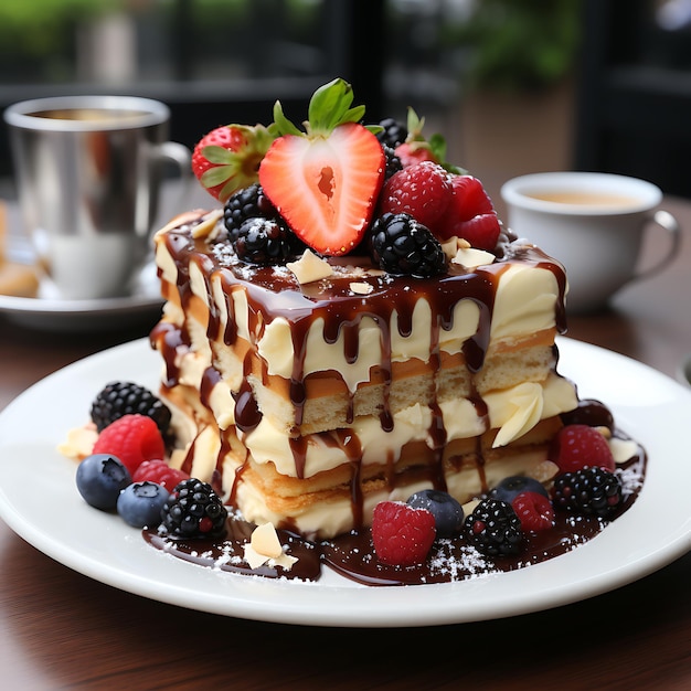 un morceau de gâteau au fromage à la fraise avec du caramel et du chocolat