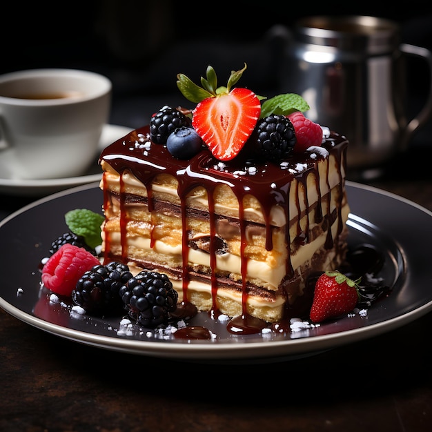 un morceau de gâteau au fromage à la fraise avec du caramel et du chocolat