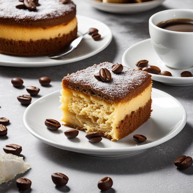 Un morceau de gâteau au fromage avec des grains de café sur un fond gris.