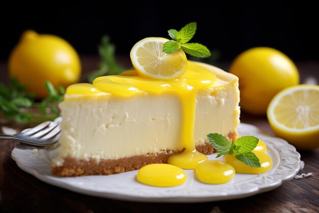 Photo un morceau de gâteau au fromage surmonté d'un glaçage au citron et d'une tranche de citron frais sur une assiette blanche ornée sur un fond en bois foncé.