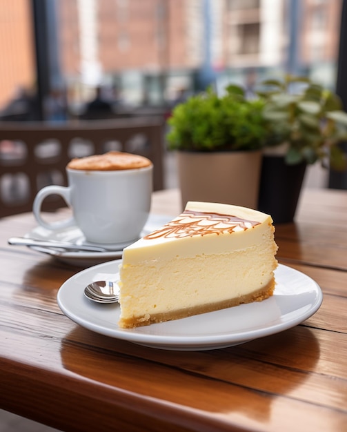 Un morceau de gâteau au fromage et une tasse de cappuccino sur la table du café de la rue